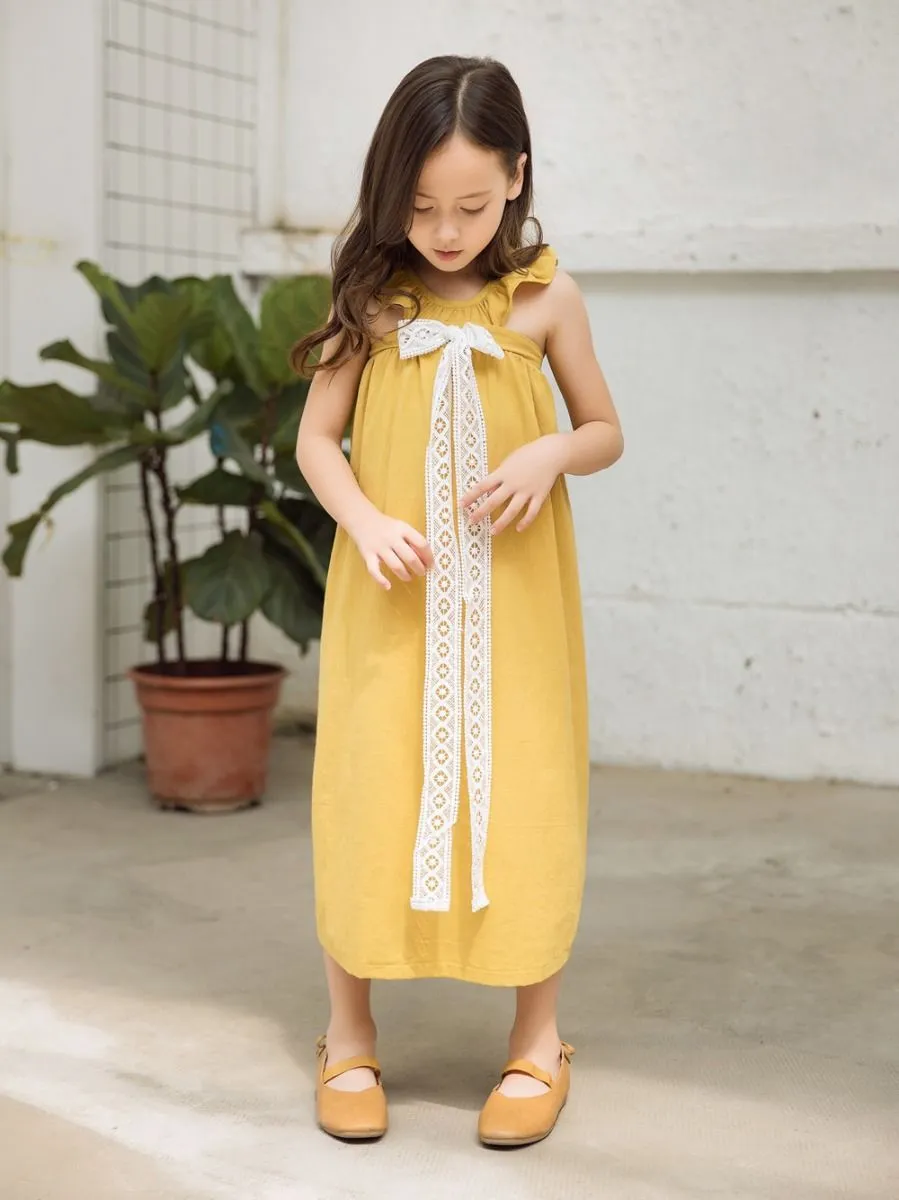 Fashion Little Big Girl Trimmed Off Shoulder Yellow Dress