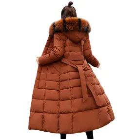 Fashion Winter Jacket Women Big Fur Belt Hooded Thick Down