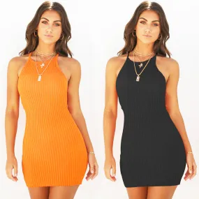 Female Solid Color Sexy Spaghetti Strap Stretchy Halter Dress For Club