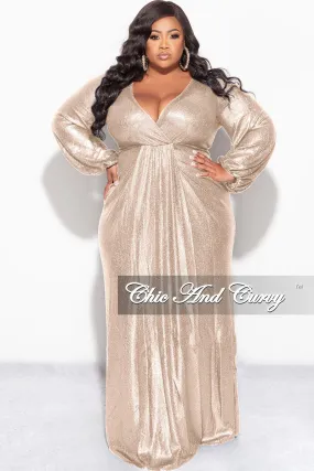 Final Sale Plus Size Faux Wrap Gown with Pleated Waist & Balloon Sleeves in Gold Metallic Lux Fabric