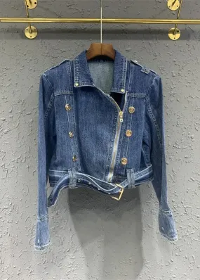 Fine Blue Peter Pan Collar Zip Up Patchwork Denim Jackets Fall ML0738