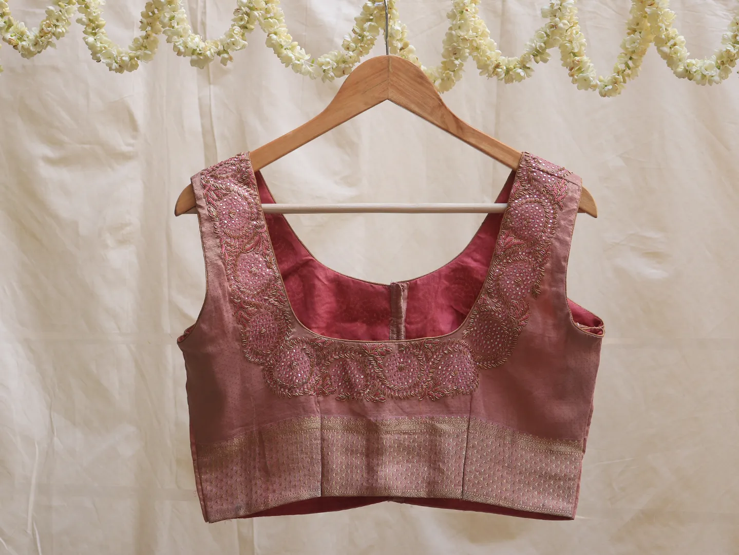 Flamingo pink, woven fabric, Hand embroidery blouse