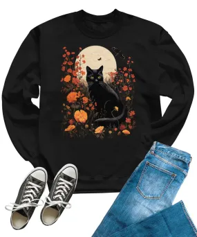 Floral Cat Fall Sweatshirts For Women Cute Autumn Crewnecks Cozy Thanksgiving Tops