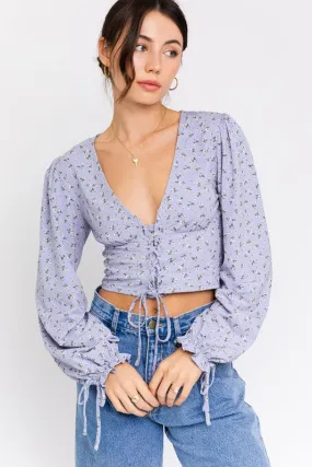 Floral Front Lace Up Crop Top Shirt Casual Corset Puff Sleeve Lace-Up V-Neck Top