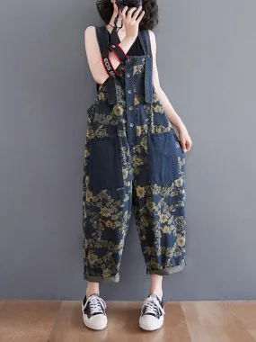 Floral Printed Oversize Denim Overalls