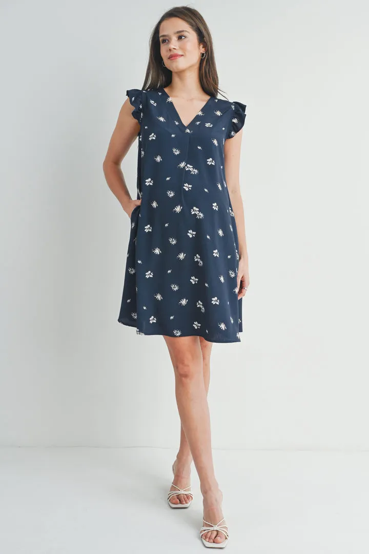 Floral Ruffle Cap Sleeve Maternity V-Neck Dress - Navy