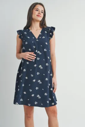 Floral Ruffle Cap Sleeve Maternity V-Neck Dress - Navy