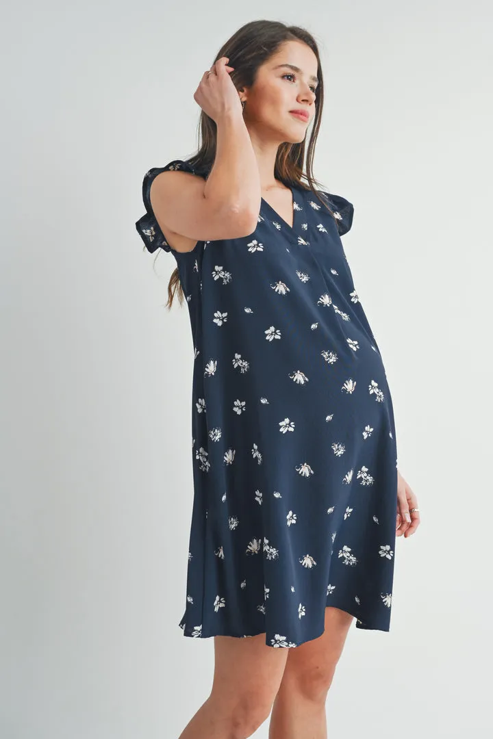 Floral Ruffle Cap Sleeve Maternity V-Neck Dress - Navy