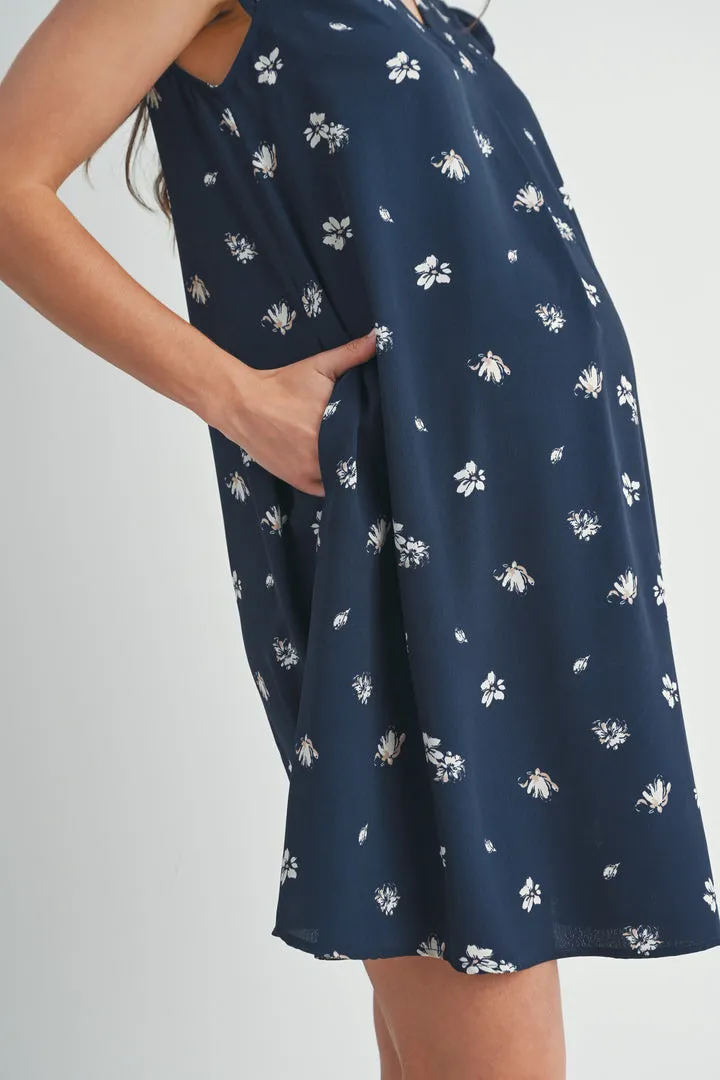 Floral Ruffle Cap Sleeve Maternity V-Neck Dress - Navy