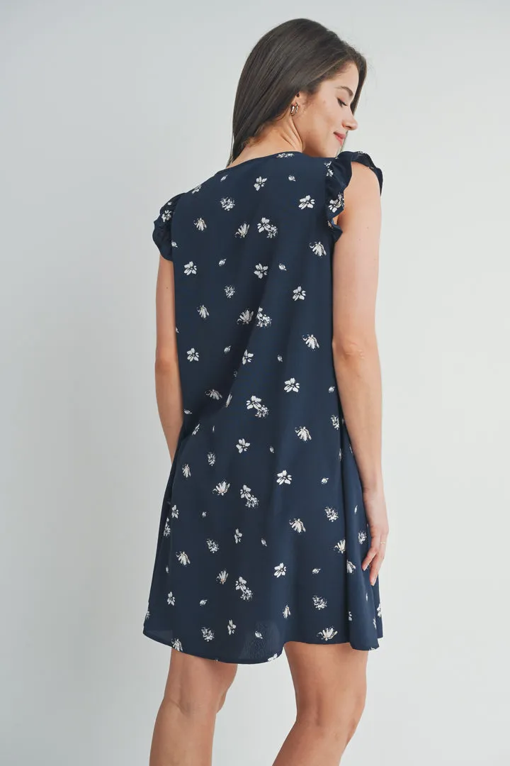 Floral Ruffle Cap Sleeve Maternity V-Neck Dress - Navy