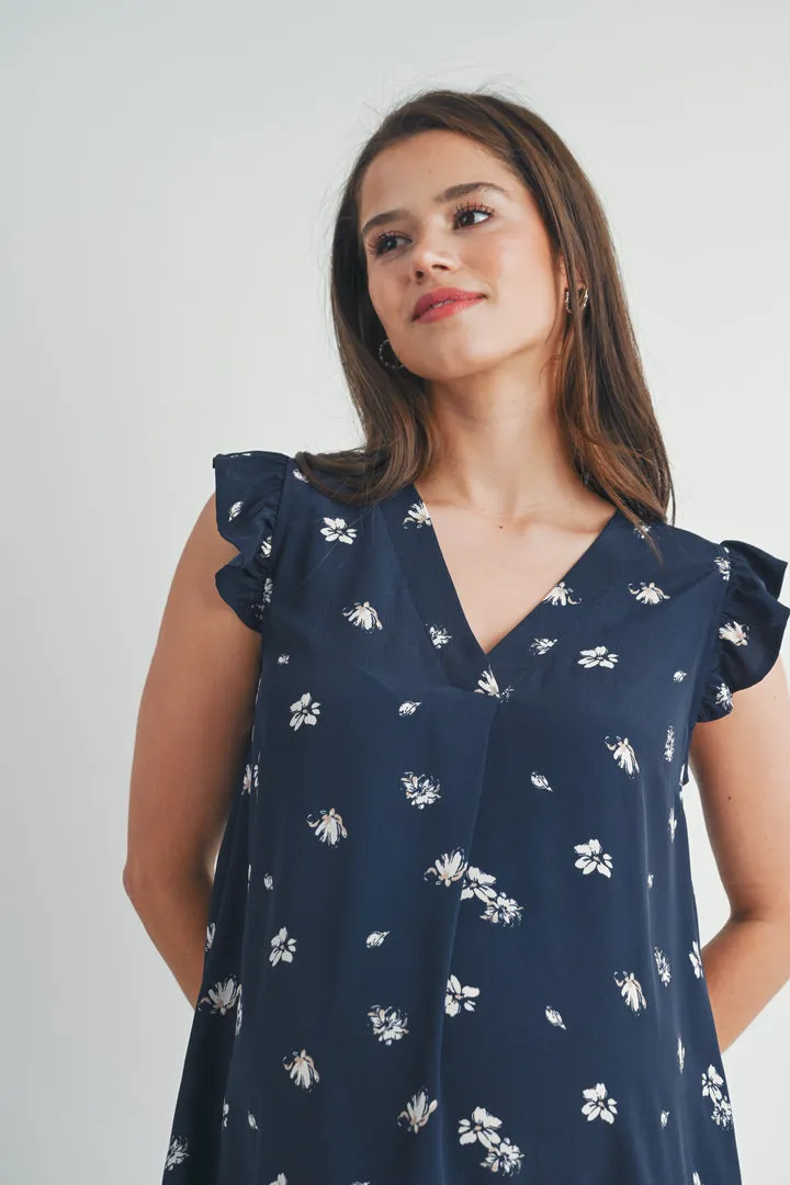 Floral Ruffle Cap Sleeve Maternity V-Neck Dress - Navy