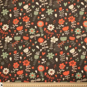 Flowers & Birds Cartoon Collection  #13 Orange Flower & Heart on Brown Cotton Prints