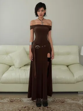 Flytonn- Medieval Off-Shoulder Belted Slit Dress