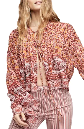 Free People Womens Lorraine Boho-Print Tie-Front Top, Orange Multi, Size Small