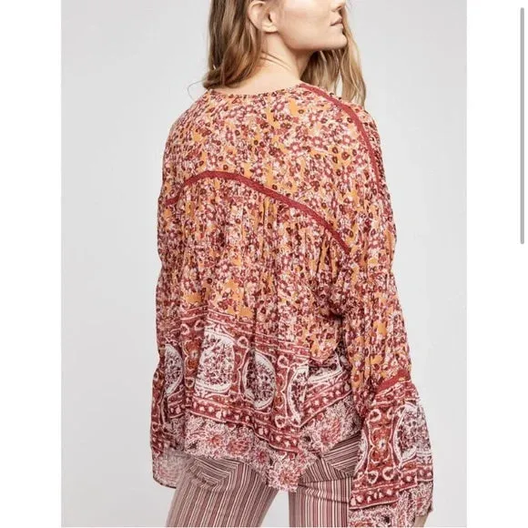 Free People Womens Lorraine Boho-Print Tie-Front Top, Orange Multi, Size Small