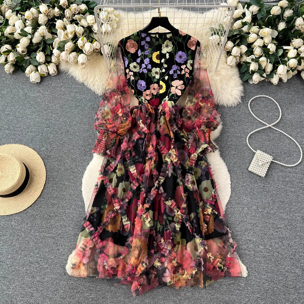 French Retro Round Neck Long-sleeved 3D Flower Embroidery Mesh Fluffy Dress for Women 475