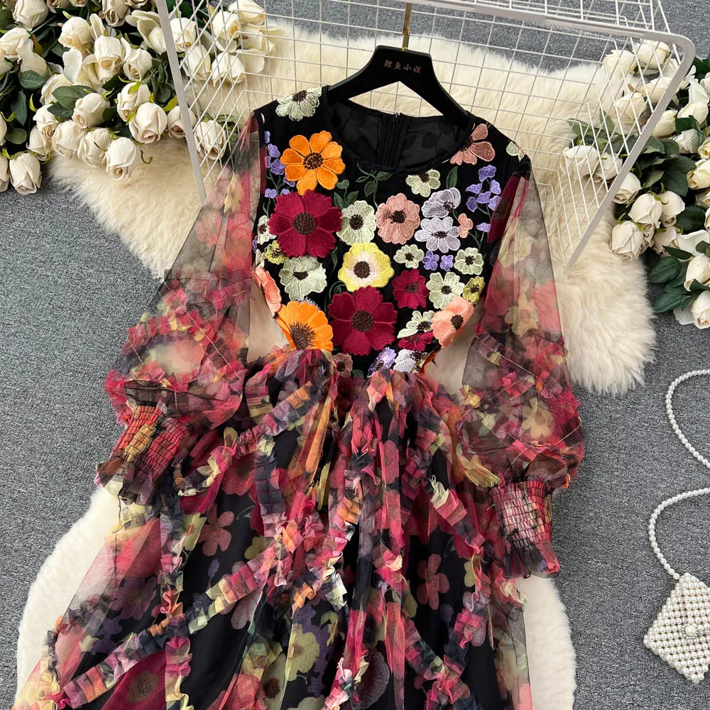 French Retro Round Neck Long-sleeved 3D Flower Embroidery Mesh Fluffy Dress for Women 475