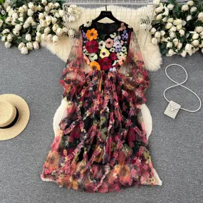 French Retro Round Neck Long-sleeved 3D Flower Embroidery Mesh Fluffy Dress for Women 475