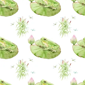 Frog Fabric, Watercolor Frogs on a Lily Pad, Cotton or Fleece, 2032