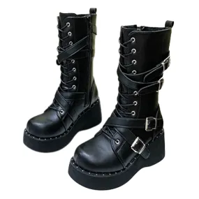 Funki Buys | Boots | Women's Gothic Buckle Strap Combat Boot