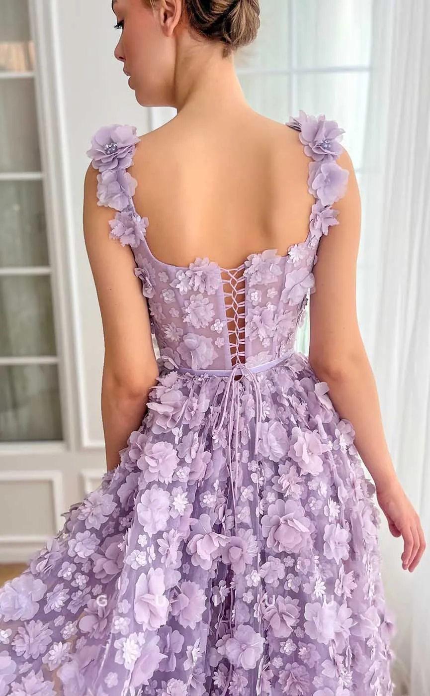 G4439 - Cute & Chic A-Line Square Straps Lace-Up Long Sweep Prom Evening Gown with Allover Flowers and Beaded