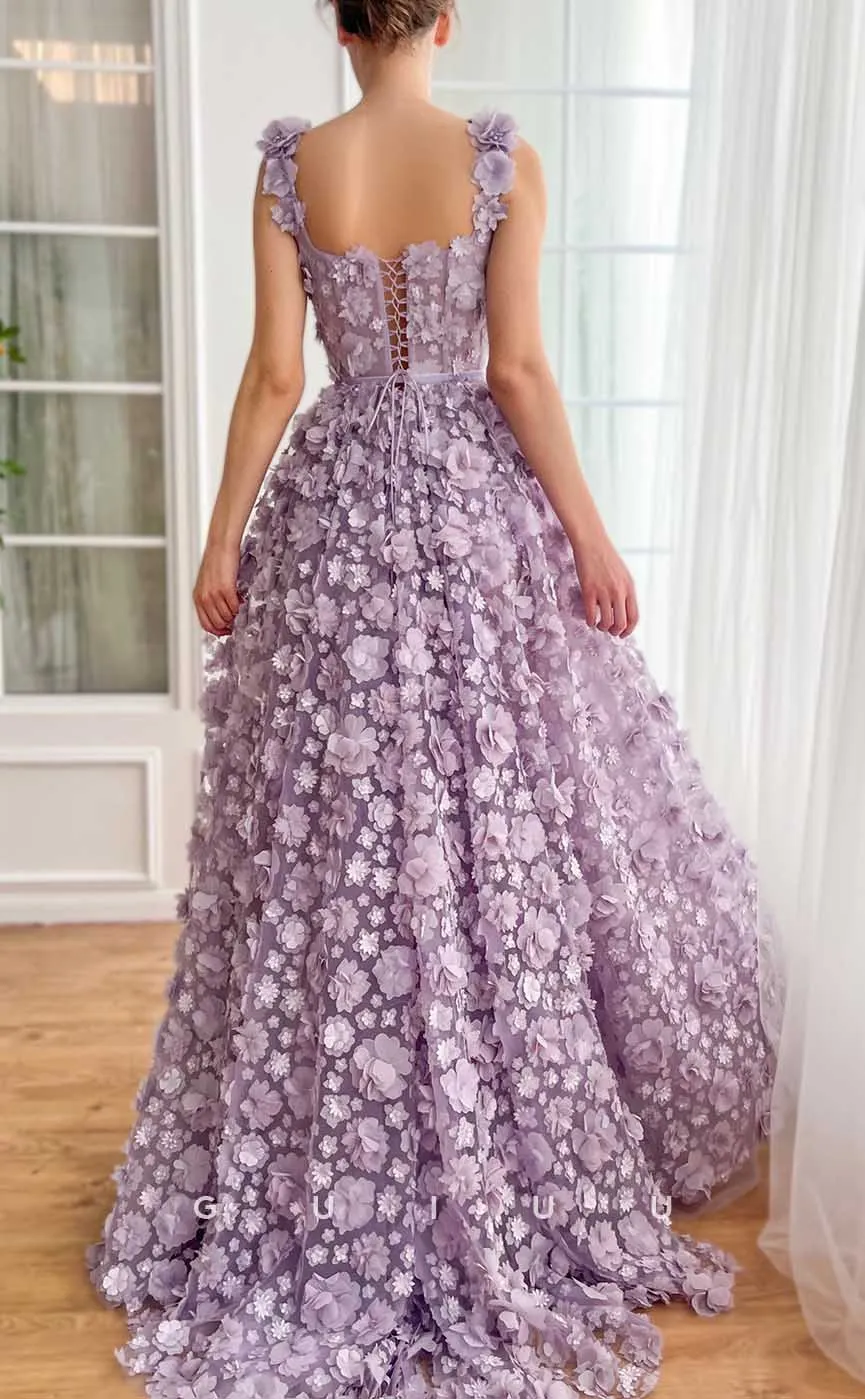 G4439 - Cute & Chic A-Line Square Straps Lace-Up Long Sweep Prom Evening Gown with Allover Flowers and Beaded