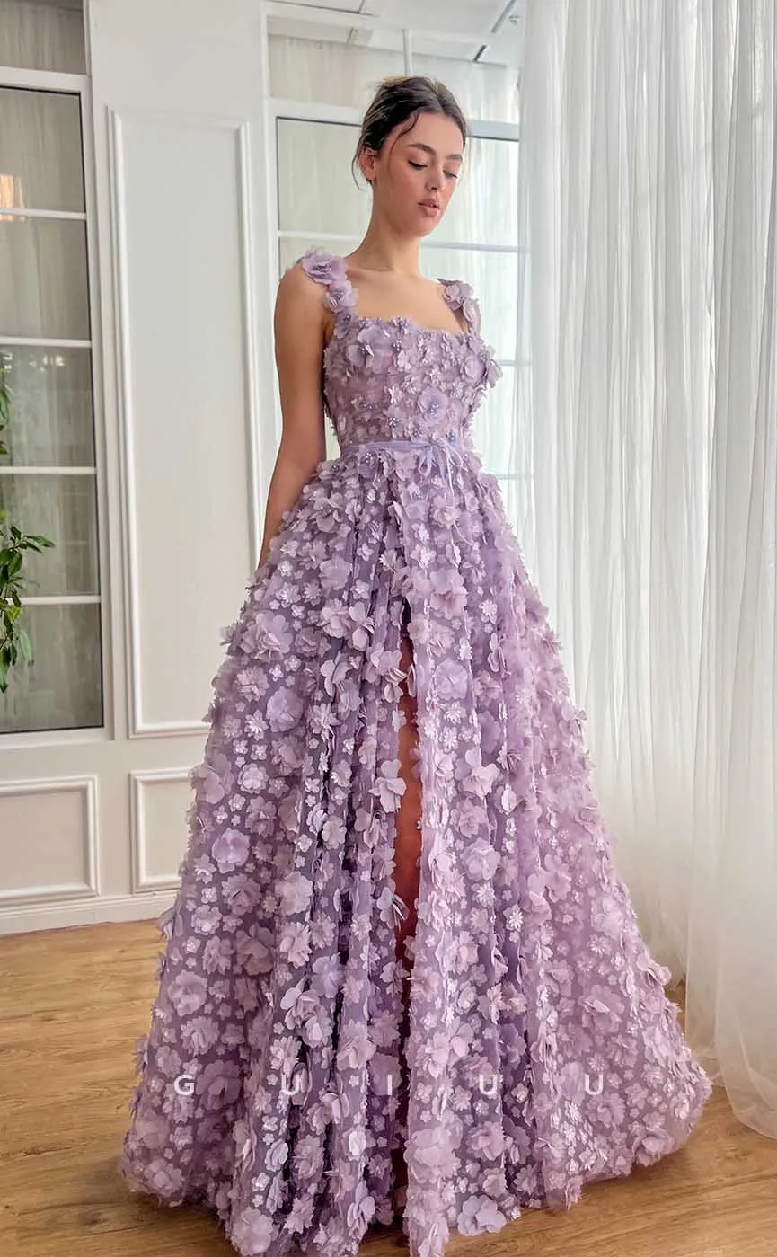 G4439 - Cute & Chic A-Line Square Straps Lace-Up Long Sweep Prom Evening Gown with Allover Flowers and Beaded