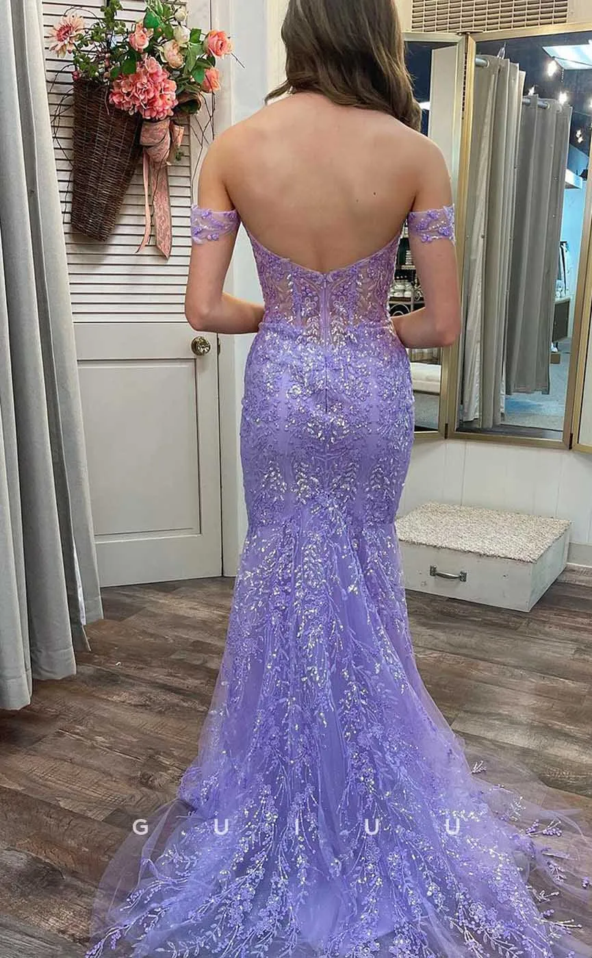 G4488 - Chic & Modern Mermaid Fitted Off-Shoulder Purple Tulle Allover Appliques Sweep-Length Prom Evening Gown