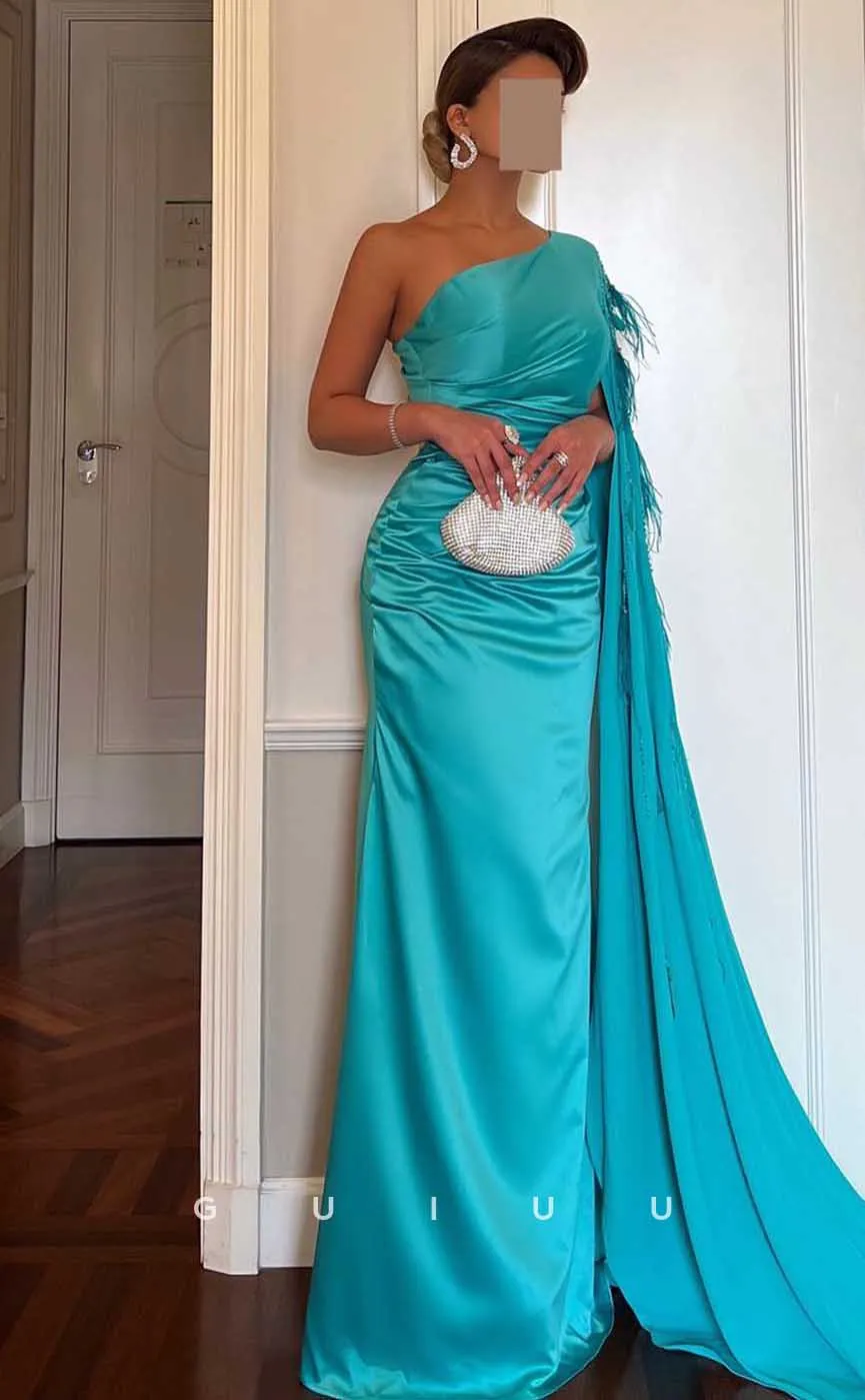 G4519 - Modern Sheath One Shoulder Pleats Stain Formal Prom Dress with Train