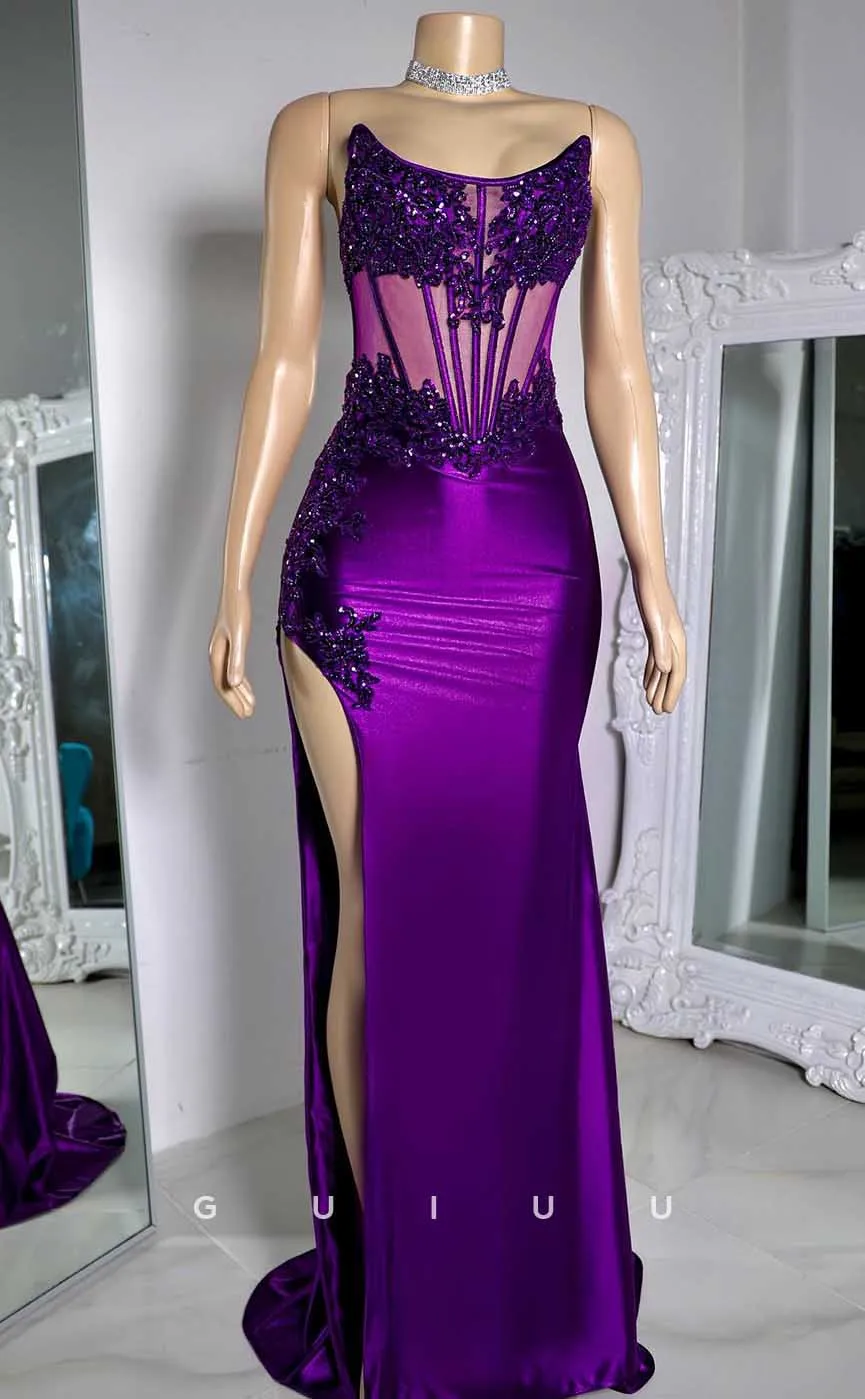 G4574 - Mermaid Sheath Straoless Sleeveless Illsion Aooliques and Beaded High Slit Prom Dress