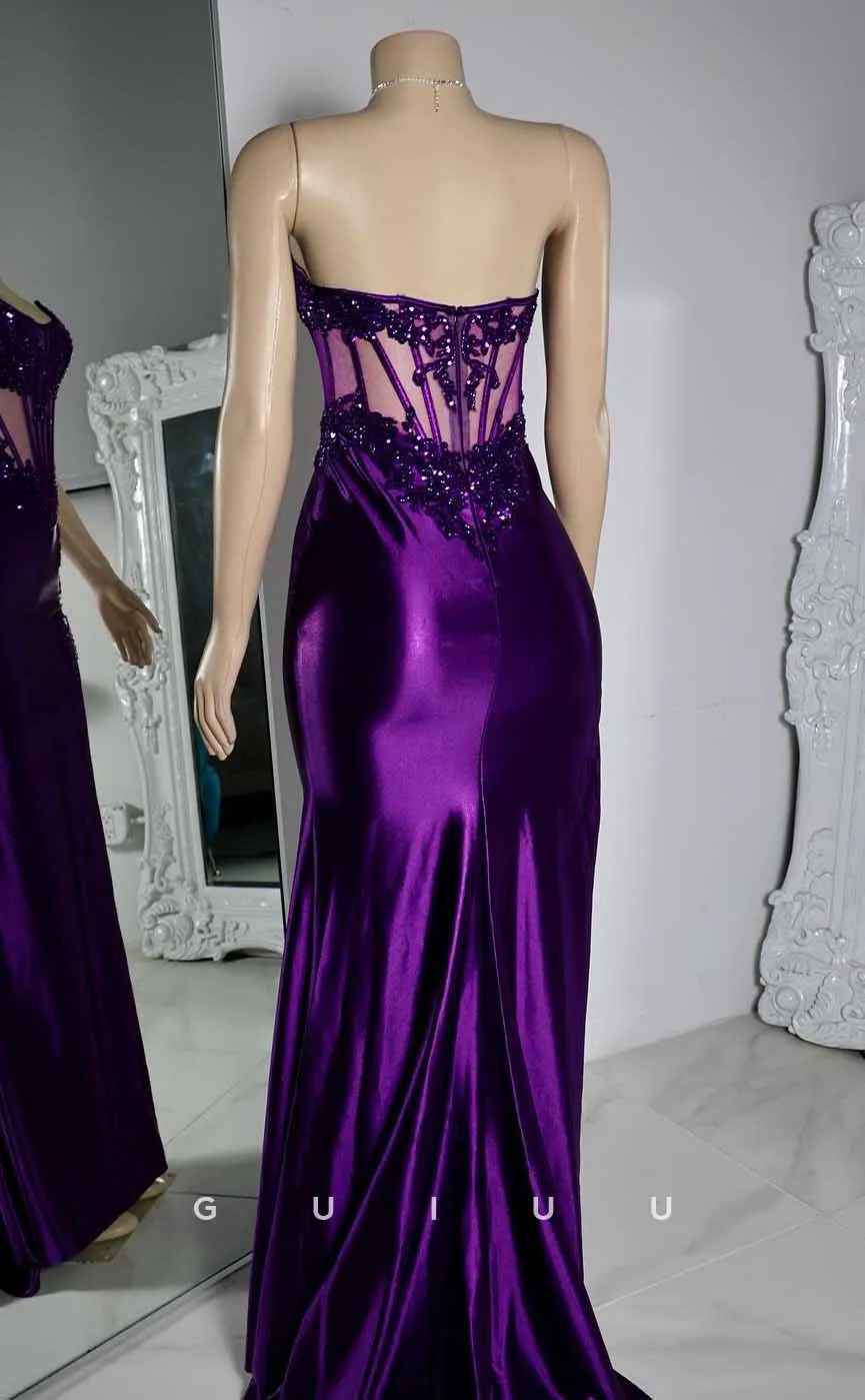 G4574 - Mermaid Sheath Straoless Sleeveless Illsion Aooliques and Beaded High Slit Prom Dress