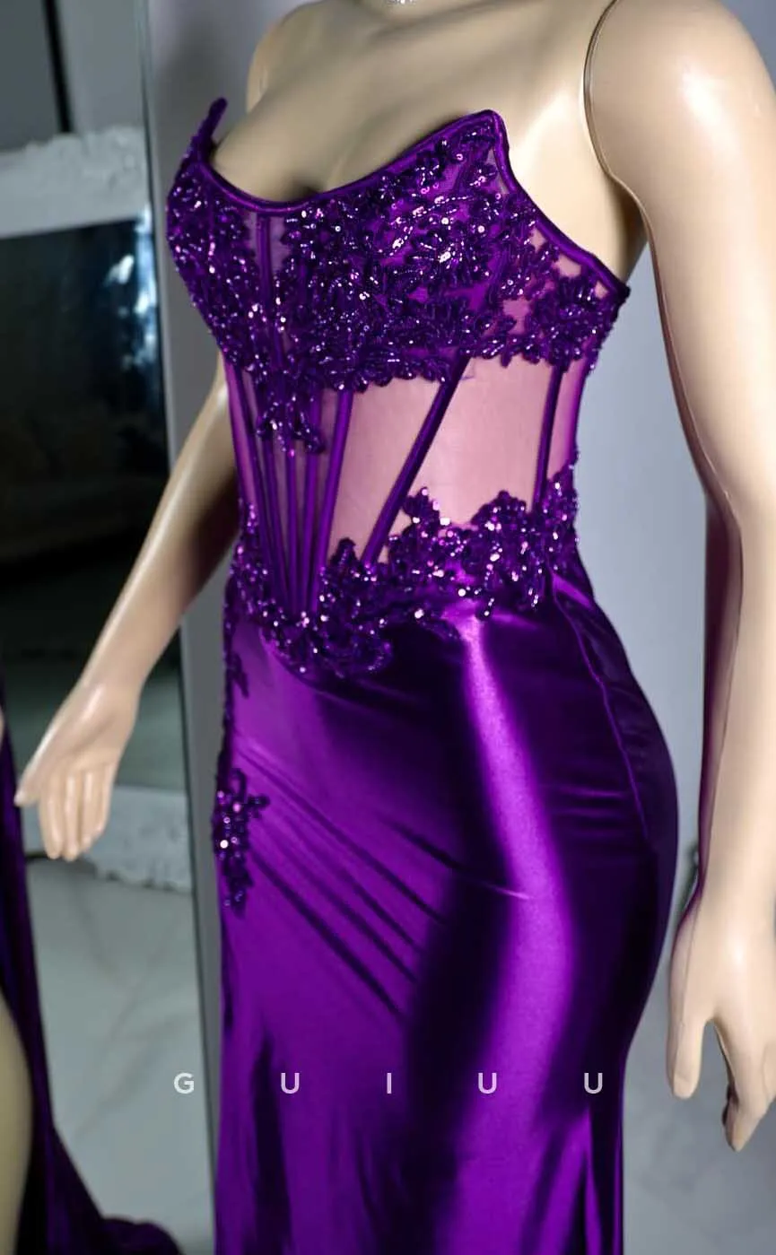 G4574 - Mermaid Sheath Straoless Sleeveless Illsion Aooliques and Beaded High Slit Prom Dress