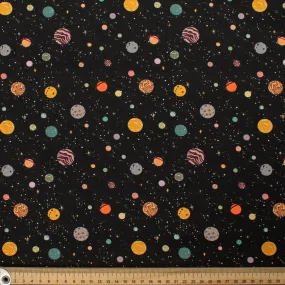 Galaxy Collection #05 White Multi Colour Planets & Stars on Black Cotton Prints