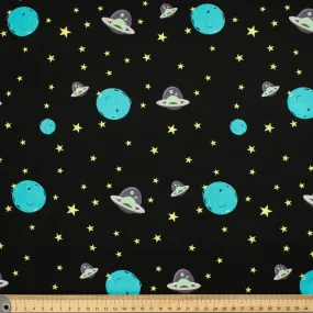 Galaxy Collection #07 Blue Planets, Gold Stars & UFO on Black Cotton Prints