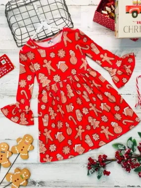 Girls Gingerbread A-Line Flared Long Sleeve Holiday Dress