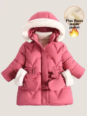 Girls' mid-length thick cotton coat with gloves (gloves can be removed)