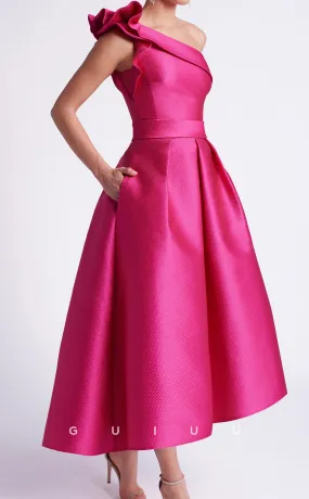 GM196 - A-Line One Shoulder Sleeveless Ruffles Tea Length Cocktail Dress Wedding Guest Dress