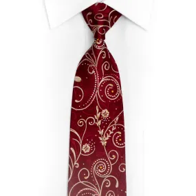 Gold Floral Scrolls On Burgundy Rhinestone Silk Necktie With Gold Sparkles