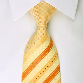 Grand Jour Rhinestone Silk Necktie Orange Stripes On Yellow With Gold Sparkles