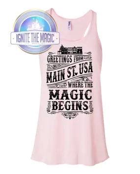 Greetings from Main Street, USA - Black Print - Women's Tanks   Tees