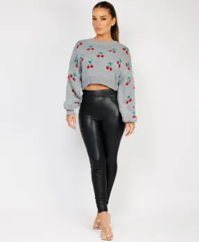 Grey Cherry Detail Oversized Cropped Knitted Jumper