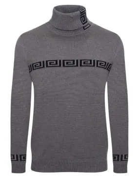 Grey Greek Key Italian Designer Men's Turtleneck Sweater Regular-Fit SW-146