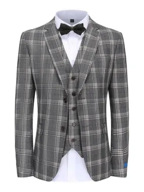 Grey Men's Slim-Fit 3PC Check Plaid Suit - Short