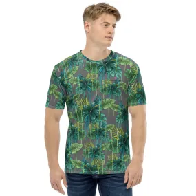 Grey Tropical Leaf Men's T-shirt, Gray Green Hawaiian Style Premium Tee For Men-Made in USA/EU