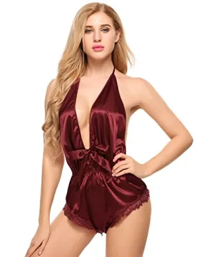 Halter Deep V -Neck Silk Slip Lingerie Bodysuit