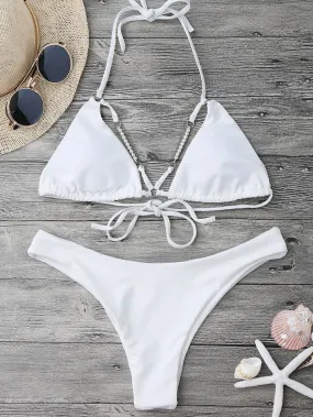 Halterneck High Cut Bikini Set With Beads