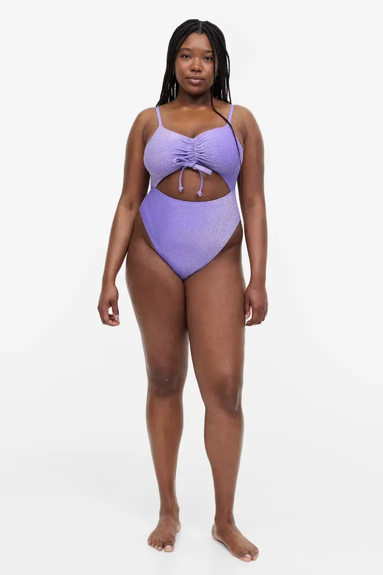 H&M  High-waisted swimsuit with drawstring, purple/shiny