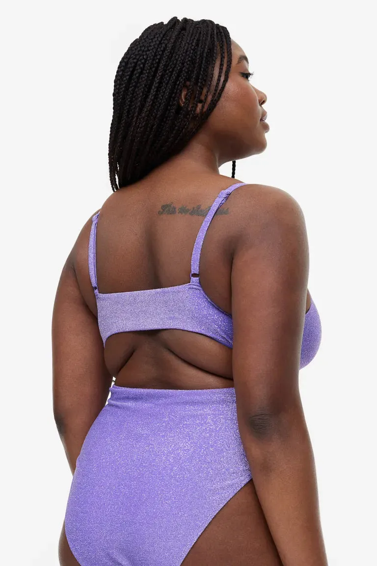 H&M  High-waisted swimsuit with drawstring, purple/shiny