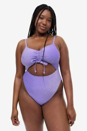 H&M  High-waisted swimsuit with drawstring, purple/shiny