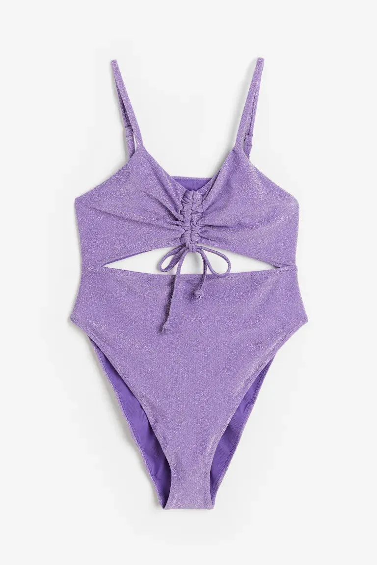 H&M  High-waisted swimsuit with drawstring, purple/shiny